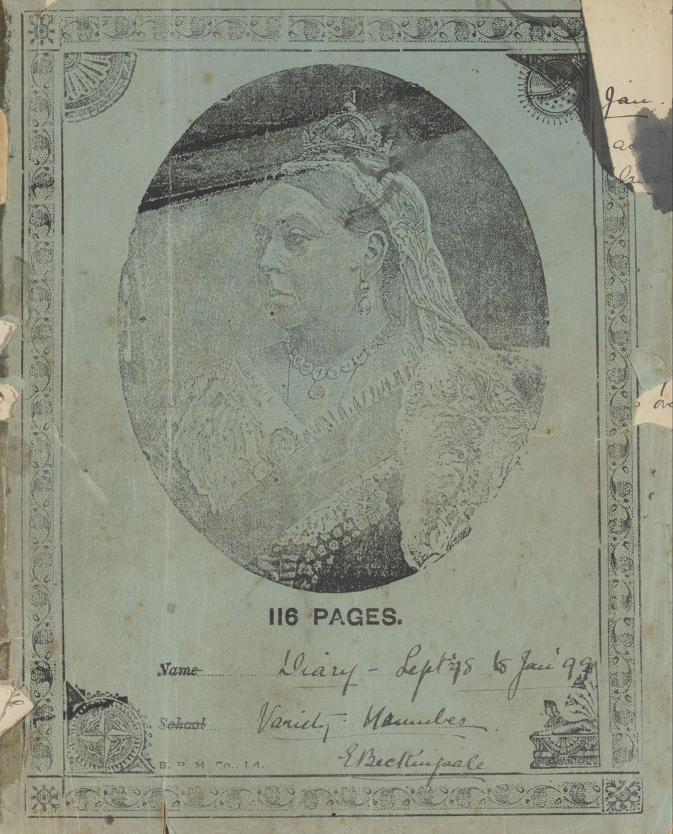 cover of diary twelve with light blue paper and black ink with a portrait of a person wearing  a crown and veil in an oval in the center of the page and text reading 116 pages underneath.